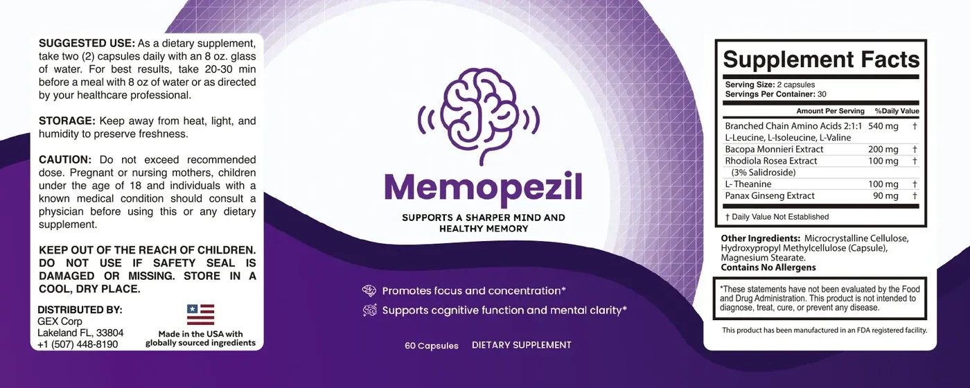 Memopezil Supplement Facts panel showing bacopa monnieri 200 mg, rhodiola rosea 100 mg, L-theanine 100 mg, panax ginseng 90 mg and the 540 mg branched-chain amino acid blend