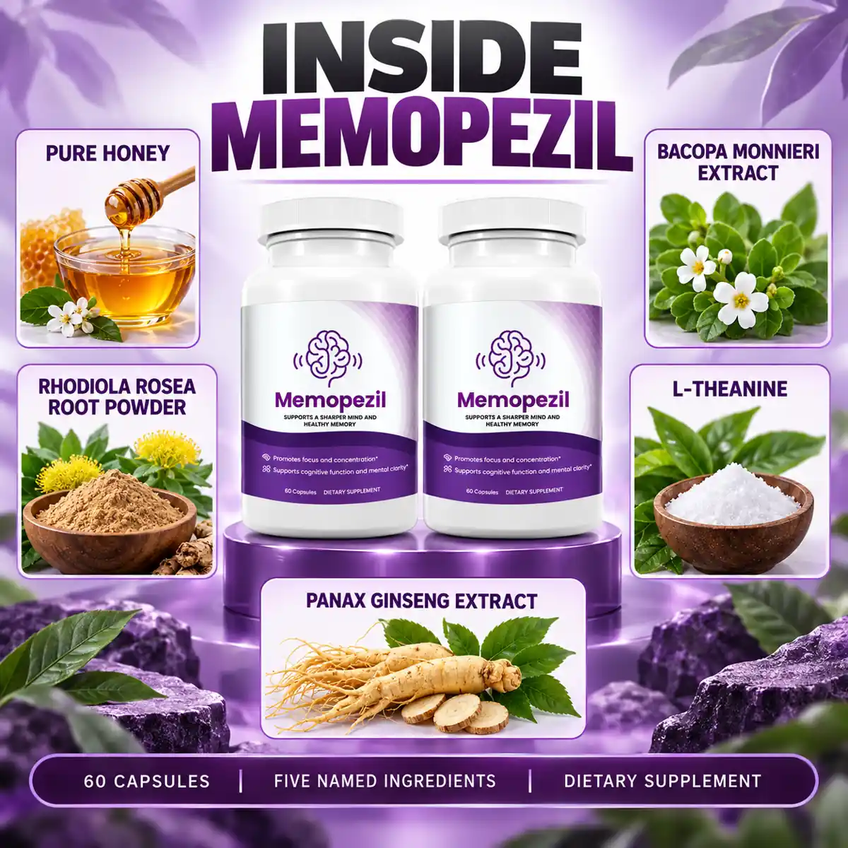 The Memopezil vendor marketing graphic naming five ingredients with no standardisation percentage printed beside any of them