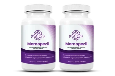 Two Memopezil bottles, front labels, 60 capsules each