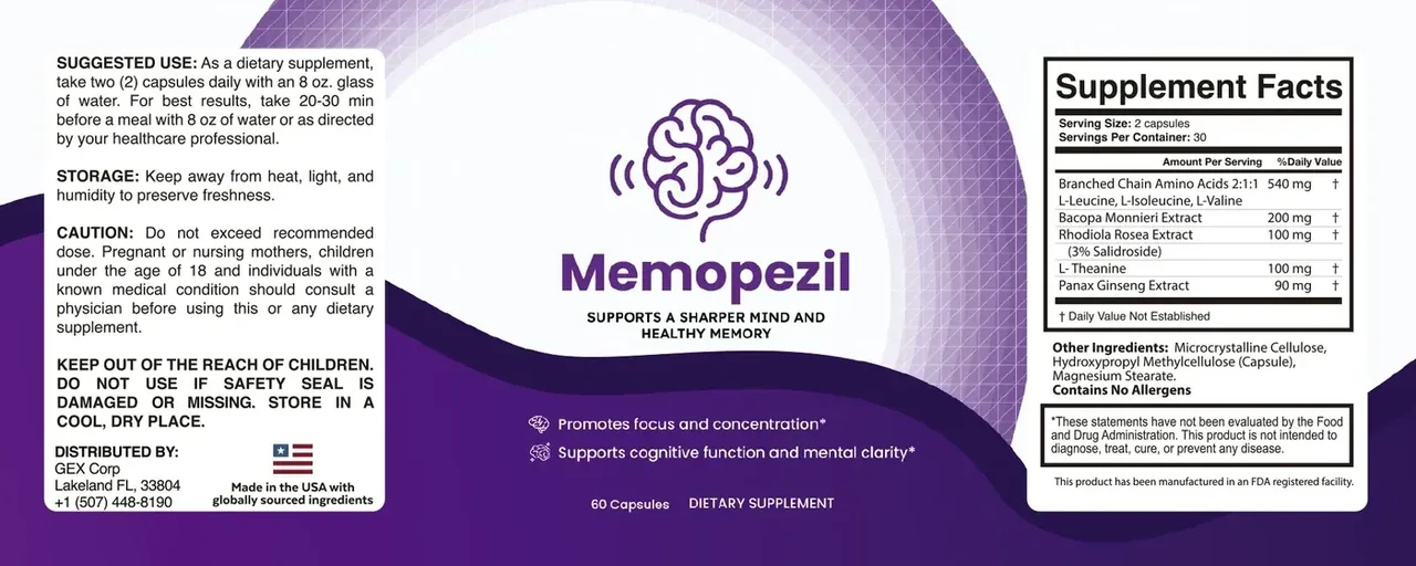 The Memopezil label artwork: suggested use, storage and caution on the left, the Supplement Facts panel on the right, distributor line beneath